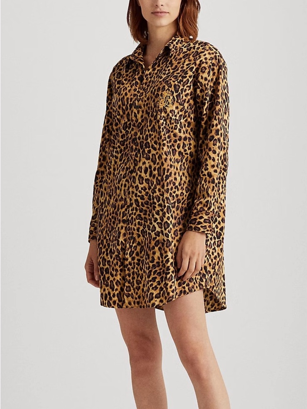 Ralph Lauren Leopard-Print Long-Sleeve Sleep Shirt in Gold and Black